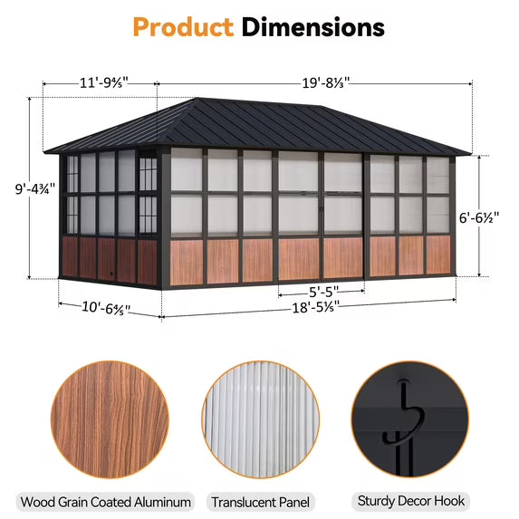 Modern Shade 12'x20' Hardtop Sunroom Gazebo, Aluminum Frame, Galvanized Steel Roof, TV Mount, Sliding Doors