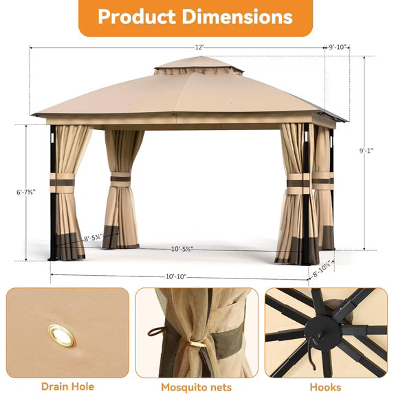 Covered Outdoor 10'x12' Khaki Gazebo with LED Lights & Bluetooth Speaker, Metal Frame Double Roof, Netting & Curtains