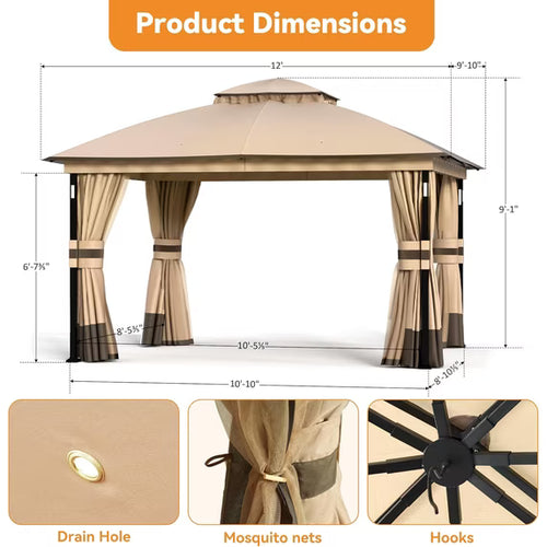 Covered Outdoor 10'x12' Khaki Gazebo with LED Lights & Bluetooth Speaker, Metal Frame Double Roof, Netting & Curtains