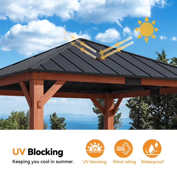 Modern Shade Tranquil Grove 12' x 12' Wood Gazebo - Polycarbonate Hip Roof Hardtop with Mosquito Netting & Curtains, Hooks
