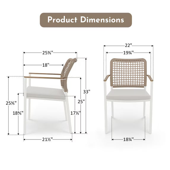 Modern Shade Riviera Outdoor Dining Chairs Set of 2, All-Aluminum Woven Rope, FSC Teak Armrests, Fade & Weather Resistant, Quick Dry Cushion, Beige