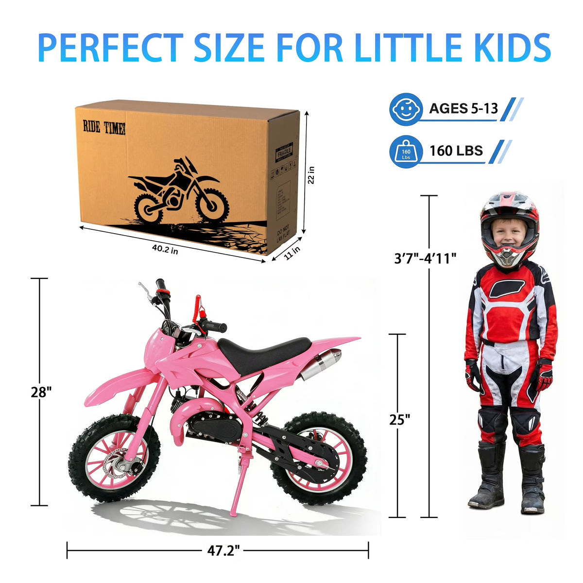 FONA 49cc 2-Stroke Dirt Bike for Kids 8-12, 25mph Mini Motorcycle with Dual Disc Brakes, Multi Terrain Tires, Suspension & Soft Seat Pink