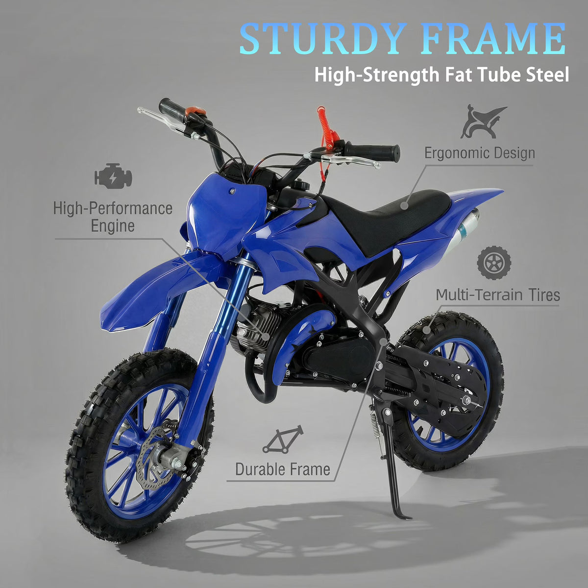 FONA 49cc Kids Dirt Bike 2-Stroke, 25MPH Mini Motorcycle for Ages 8–12, Dual Disc Brakes, Stable Suspension, Off-Road Tires, Soft Seat Blue