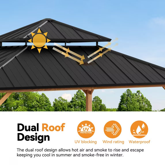 Modern Shade Hardtop Gazebo 12' x 12' with 4 LED Lights, Permanent Gazebo with Double Galvanized Steel Roof for Outdoor Backyard, Brown