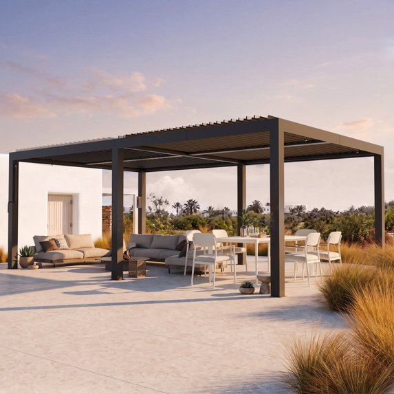 Modern Shade 12'x20' Black Louvered Pergola, Adjustable Waterproof Roof with Drainage, USB Power Strip, Reinforced Frame, Easy Assembly for Patio & Backyard