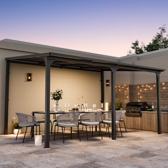 StoneCreek 10'x14' Wall Mounted Gazebo, Galvanized Steel Sloped Roof with Drainage Gutter, Outdoor Lean to Pergola for Patio
