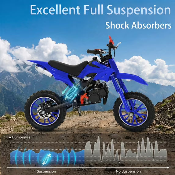 FONA 49cc 2-Stroke Dirt Bike for Kids 8-12, 25mph Mini Motorcycle with Dual Disc Brakes, Multi Terrain Tires, Suspension & Soft Seat Blue