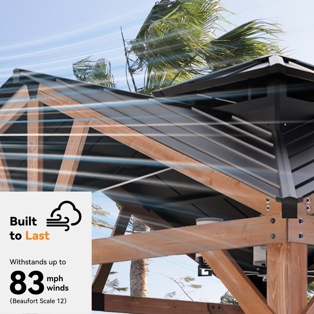Modern Shade 12’ x 12’ Hardtop Wood Gazebo with Steel Roof, Water Resistant, Wind Resistant, Solid Cedar Frame