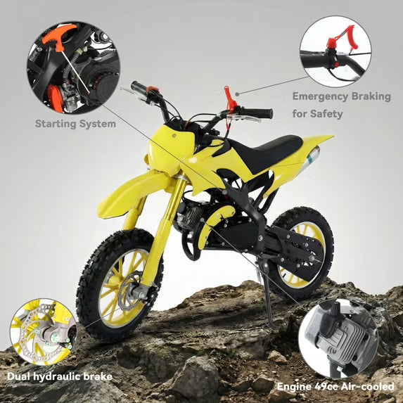 FONA 49cc 2-Stroke Dirt Bike for Kids 8-12, 25mph Mini Motorcycle with Dual Disc Brakes, Multi Terrain Tires, Suspension & Soft Seat Yellow