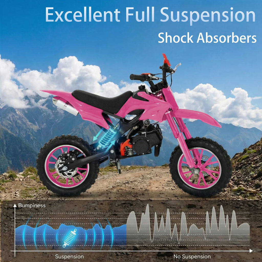 FONA 49cc Kids Dirt Bike 2-Stroke, 25MPH Mini Motorcycle for Ages 8–12, Dual Disc Brakes, Stable Suspension, Off-Road Tires, Soft Seat Pink