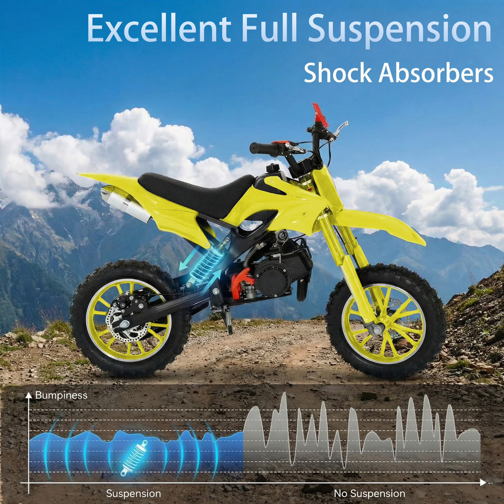 FONA 49cc Kids Dirt Bike 2-Stroke, 25MPH Mini Motorcycle for Ages 8–12, Dual Disc Brakes, Stable Suspension, Off-Road Tires, Soft Seat Yellow