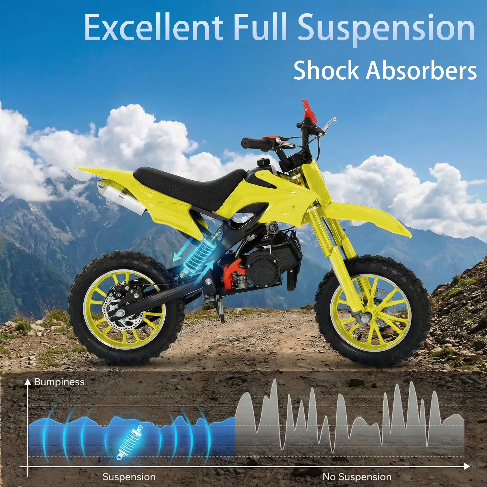 FONA 49cc Kids Dirt Bike 2-Stroke, 25MPH Mini Motorcycle for Ages 8–12, Dual Disc Brakes, Stable Suspension, Off-Road Tires, Soft Seat Yellow