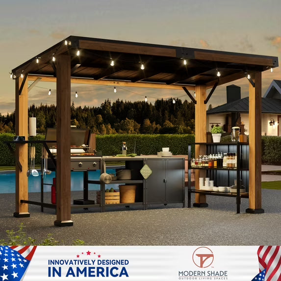 Modern Shade Woodberry 6'x12' Cedar Framed Hard Top Outdoor Gazebo with Shelves and Hooks