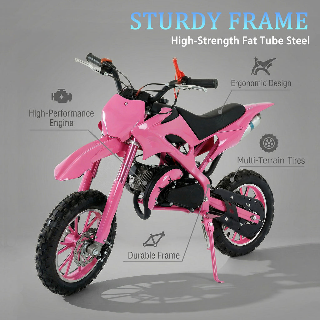 FONA 49cc 2-Stroke Dirt Bike for Kids 8-12, 25mph Mini Motorcycle with Dual Disc Brakes, Multi Terrain Tires, Suspension & Soft Seat Pink