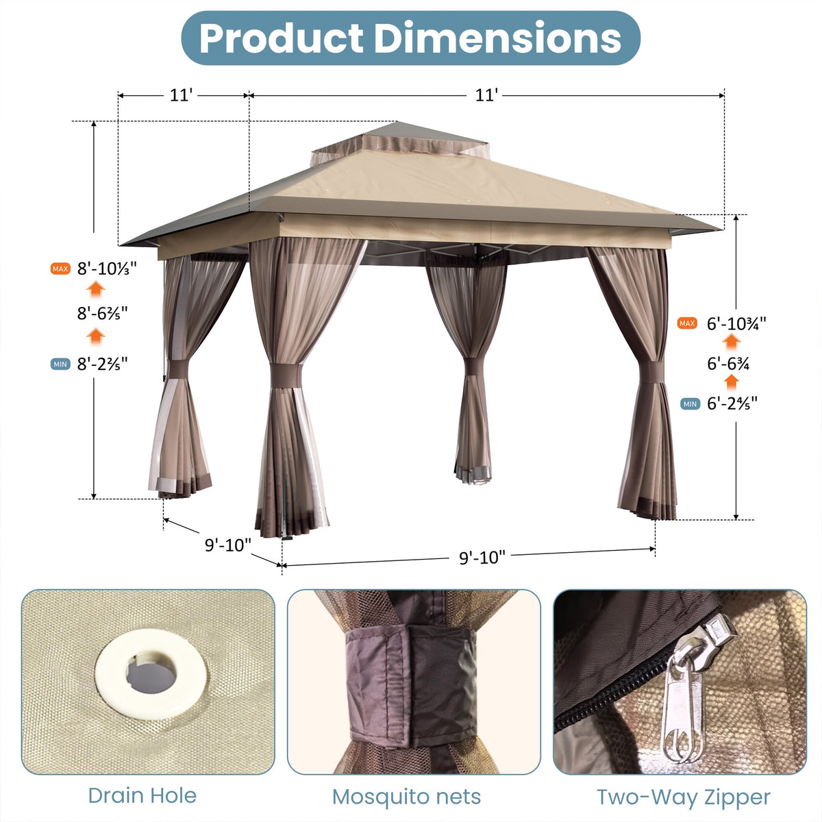 Big Leaf 11'x11' Pop Up Gazebo, Waterproof UV Canopy Tent with Double Vent Roof, Mosquito Netting & Portable Backpack for Party