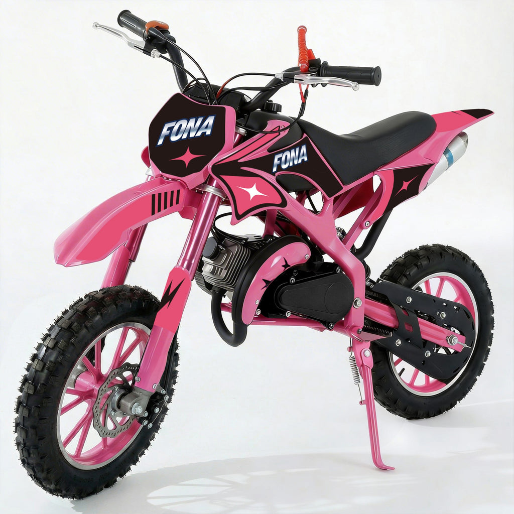 FONA 49cc 2-Stroke Dirt Bike for Kids 8-12, 25mph Mini Motorcycle with Dual Disc Brakes, Multi Terrain Tires, Suspension & Soft Seat Pink