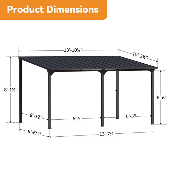 StoneCreek 10'x14' Wall Mounted Gazebo, Galvanized Steel Sloped Roof with Drainage Gutter, Outdoor Lean to Pergola for Patio