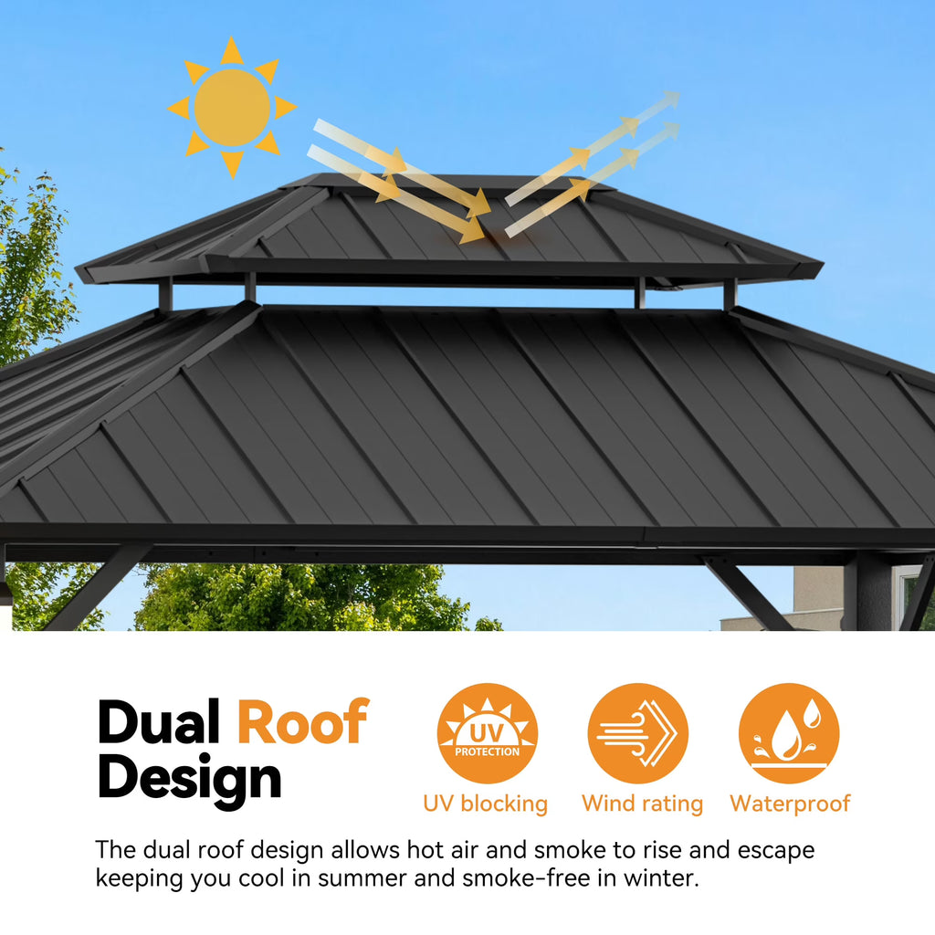 Modern Shade The Horizon 10' x 12' Hardtop Gazebo, 4 LED Lights, Galvanized Steel Double Roof, with Hooks & Mosquito Netting, Black