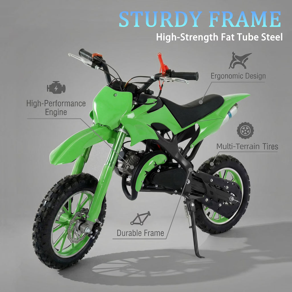 FONA 49cc Kids Dirt Bike 2-Stroke, 25MPH Mini Motorcycle for Ages 8–12, Dual Disc Brakes, Stable Suspension, Off-Road Tires, Soft Seat Green