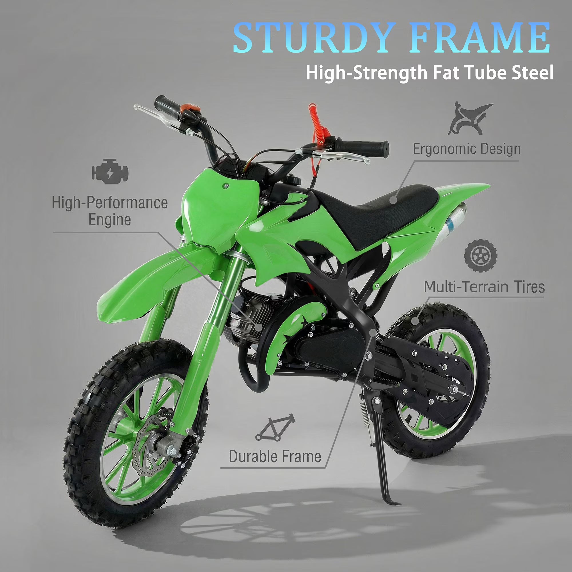 FONA 49cc Kids Dirt Bike 2-Stroke, 25MPH Mini Motorcycle for Ages 8–12, Dual Disc Brakes, Stable Suspension, Off-Road Tires, Soft Seat Green