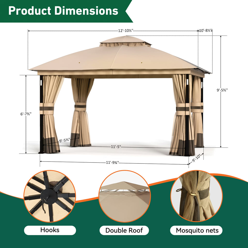 Big Leaf 11'x13' Patio Gazebo, LED Lights & Wireless Speaker, Dual-Layer Soft Top, Netting & Weatherproof Curtains