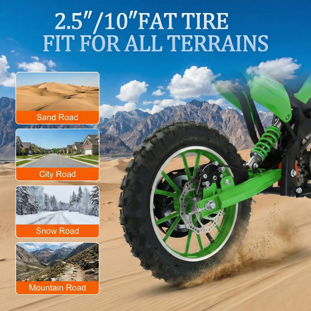 FONA 49cc 2-Stroke Dirt Bike for Kids 8-12, 25mph Mini Motorcycle with Dual Disc Brakes, Multi Terrain Tires, Suspension & Soft Seat Green