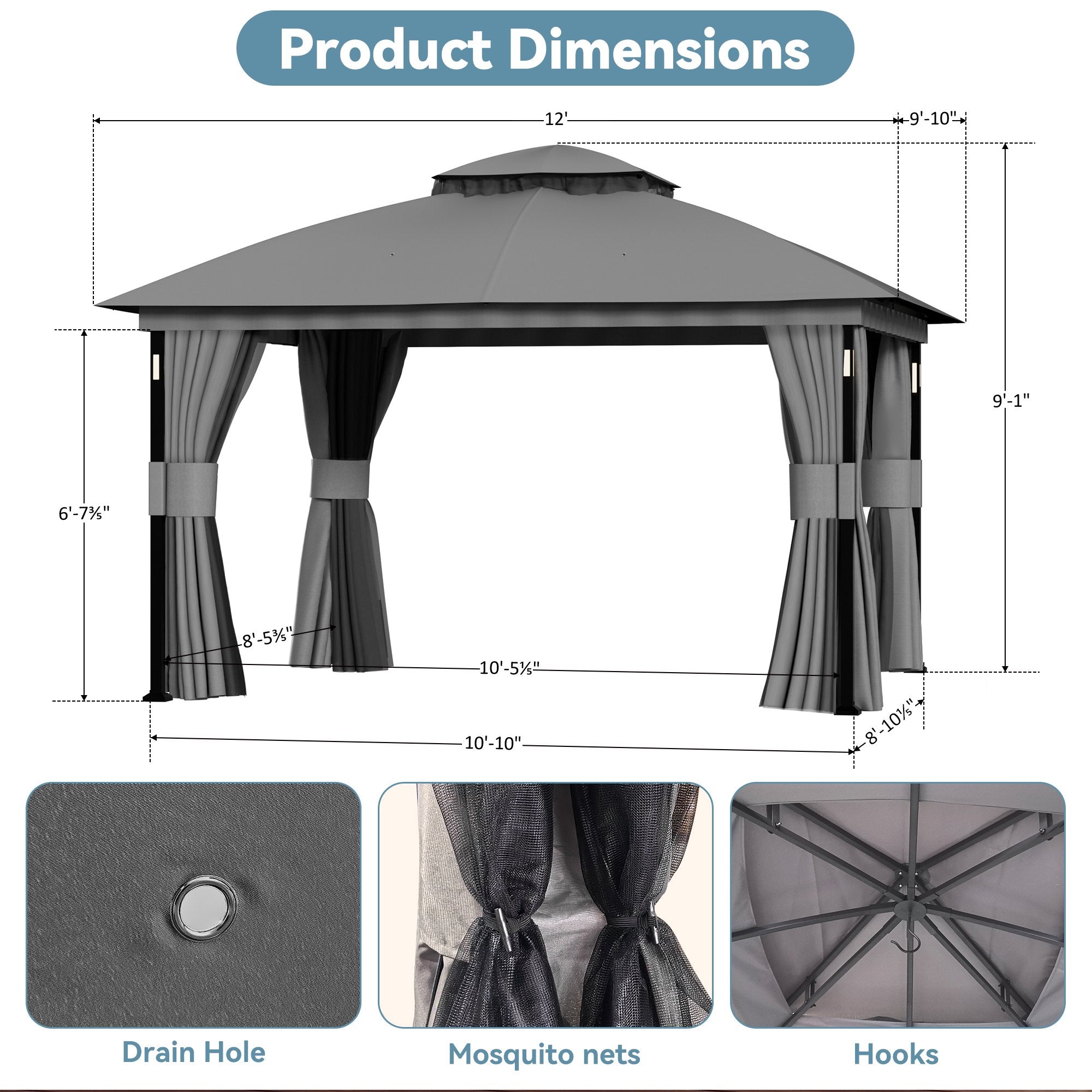 Big Leaf 10'x12' Gray Gazebo with LED Lights & Bluetooth Speaker, Metal Frame Double Roof, Netting & Curtains