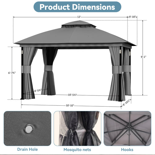 Big Leaf 10'x12' Gray Gazebo with LED Lights & Bluetooth Speaker, Metal Frame Double Roof, Netting & Curtains