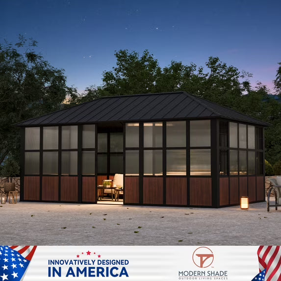 Modern Shade 12'x20' Hardtop Sunroom Gazebo, Aluminum Frame, Galvanized Steel Roof, TV Mount, Sliding Doors
