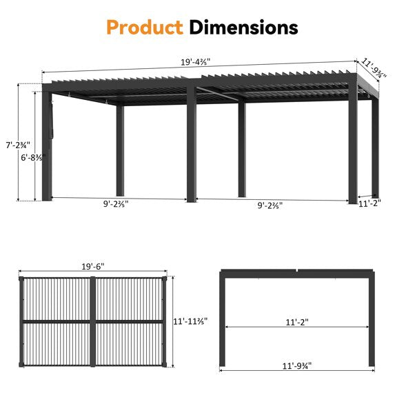 Modern Shade 12'x20' Black Louvered Pergola, Adjustable Waterproof Roof with Drainage, USB Power Strip, Reinforced Frame, Easy Assembly for Patio & Backyard