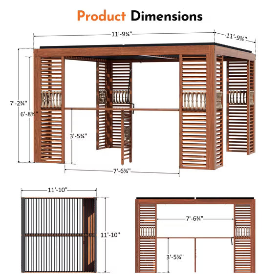 Modern Shade 12'x12' Louvered Pergola, Adjustable Waterproof Roof, Built-In Drainage & Wood-Grain Frame, Includes Bar Counter & Stools