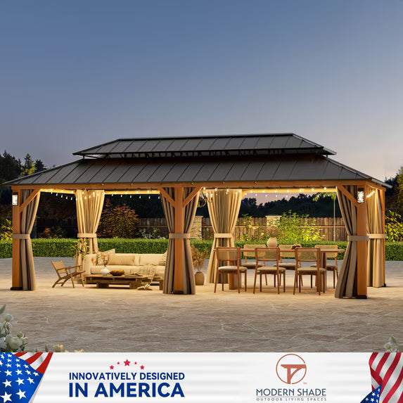 Modern Shade Horizon 12' x 24' Wood-Grain Hardtop Gazebo with LED Lights, Double Roof and Curtains