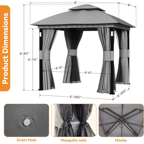 Covered Outdoor 8'x8' Gray Double Roof Gazebo with LED Lights Bluetooth Speaker Netting Curtains
