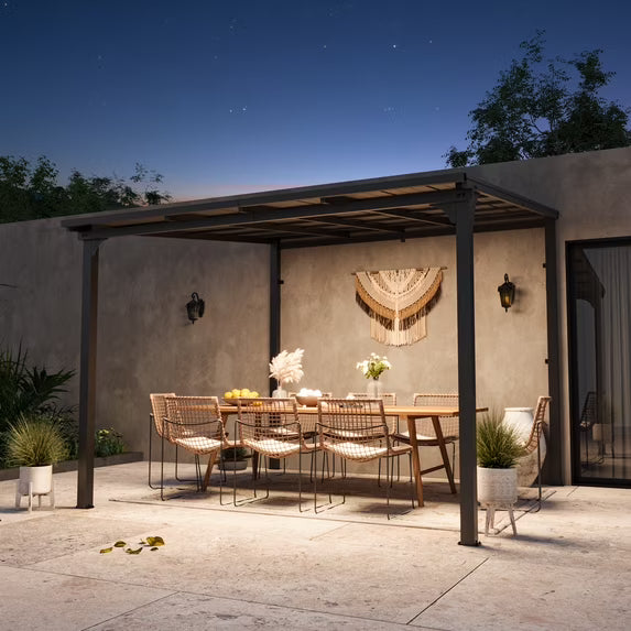 StoneCreek 10'x10' Wall Mounted Gazebo, Galvanized Steel Sloped Roof with Drainage Gutter, Outdoor Lean to Pergola for Patio